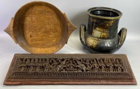 AN EASTERN RECTANGULAR PANEL - carved with figures and elephants, 75 x 20cms, a large two-handled