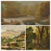 E J BLADON oil on board - figure fishing on rocks at riverside, signed, 20 x 25cms, an unsigned