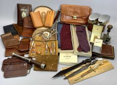 A DUNHILL BARK EFFECT GOLD PLATED CIGARETTE LIGHTER IN BOX, two leather cigar cases, various leather