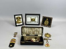 FRAMED GIBRALTAR ROYAL MARINES BRASS BELT BUCKLE - 'Per Mare Per Terram', with white canvas belt,