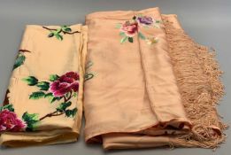 CHINESE FRINGED SILK BED COVER - Apricot and embroidered with flowers and exotic birds, 220 x