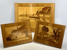 INLAID WOODEN PLAQUES (3) - Minehead Harbour, Somerset, 48 x 66cms, Valley Farm and Anne Hathaway'
