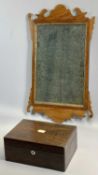 GEORGIAN TYPE DECORATIVE MAHOGANY FRAMED WALL MIRROR, 66 x 40cms and a Victorian rosewood trinket