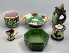 MAJOLICA 'GURGLER' JUG - green and brown glazed, 25cms H, jardiniere, 14cms H, 17cms diameter,