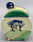 CLARICE CLIFF BIZARRE BLUE FIRS BONJOUR PRESERVE POT & COVER, Newport Pottery, 11cms H