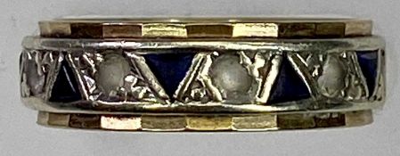 9CT YELLOW & WHITE GOLD ETERNITY RING - set with triangular shape sapphires between clear stones,