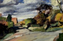 MUNGO POWNEY acrylic on paper - rural scene titled 'Newton Lane', 36 x 51cms, with receipt from