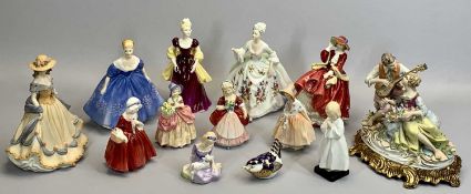 ROYAL DOULTON FIGURINES (10), various, Royal Crown Derby wren paperweight, gold coloured stopper,