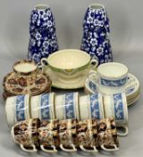 WOODS PRUNUS PATTERN BLUE & WHITE FOUR HANDLED VASES, A PAIR - 19cms H, a set of six Coalport