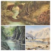 INDISTINCTLY SIGNED oil on canvas - rural scene with arched stone bridge to background, 50 x