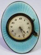 SILVER & GREEN ENAMEL CIRCULAR DIAL EASEL BEDROOM CLOCK - Birmingham 1930 (enamel distressed)