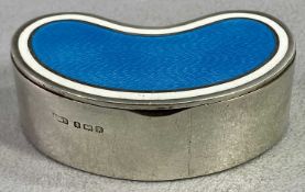 SILVER & ENAMEL KIDNEY SHAPE SNUFF/PILL BOX - Birmingham 1909, Maker Levi & Salaman, 2cms H, 6cms