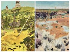 UNSIGNED oils on canvas (2) - large unframed and on stretchers, expansive rural scenes, 97 x 91cms