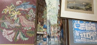 KINGWOOD oil on board - busy street scene, 60 x 24cms, antique engraving - Menai Bridge,