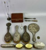 GEORGE V OVAL SILVER & YELLOW GUILLOCHE ENAMEL HAIRBRUSHES - a cased pair, with various other silver
