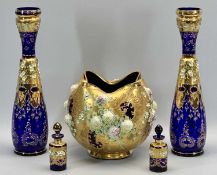 MID 20TH CENTURY BOHEMIAN BLUE GLASSWARE - with gold coloured enamel overlay encrust with