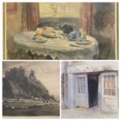 ROB PIERCY print - study of old double studio doors, signed in full, framed, 23 x 16cms, KEITH