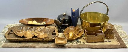 VICTORIAN HEAVY CIRCULAR BRASS SKILLET, with steel swing handle, 30cms diameter, treen including