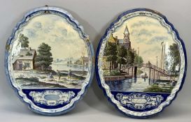 LARGE DUTCH DELFT POLYCHROME PLAQUES, A PAIR - Makkum, 19th Century, one showing a bridge over a