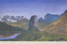 HUW JONES coloured limited edition (3/50) - 'Castell Dolbadarn', signed in full, mounted but