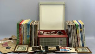 MID-CENTURY PICNIC TYPE PORTABLE RECORD PLAYER and a quantity of mixed genre LPs and 45s