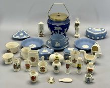 WEDGWOOD BLUE JASPERWARE - to include biscuit barrel with EPNS mount, 16cms H, various pin trays and