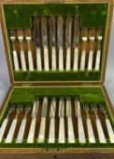 SILVER BLADED & MOTHER OF PEARL CASED SET OF 12 DESSERT KNIVES & 12 FORKS - Sheffield 1913, Maker