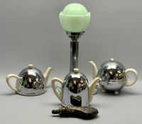 'EVER-HOT' CREAM CERAMIC & CHROME ART DECO 3 PIECE TEA SERVICE, an Art Deco table lamp with chrome
