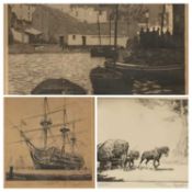 GRAHAME CLILVERD antique etchings (3) - harvesting scene titled 'Top of the Hill', 18 x 21.5cms, the