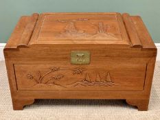 CARVED CHINESE CAMPHORWOOD CHEST, 51cms H, 91cms W, 51cms D