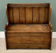 VINTAGE OAK & PINE BOX SEAT SETTLE, 92cms H, 91cms W, 40cms D