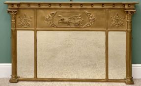 REGENCY STYLE GILT TRIPLE OVERMANTEL MIRROR inverted breakfront ball mounted top with Corinthian cap