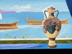 RICHARD O'CONNELL oil on canvas - 'Greek Still Life with View', 46 x 56cms