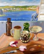 RICHARD O'CONNELL oil on canvas - still life with self portrait and view of Cardiff Bay, signed