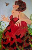 JAC SYMMONDS acrylic on canvas - 'Butterfly Dress', 91 x 61cms