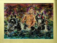 RAY THOMAS acrylic on board - 'Riding to Appleby', 33 x 43cmsComments: framed and glazed in white