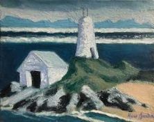 HUW JONES oil on board - entitled 'Llanddwyn Olew ar Ffwrdd', 28 x 33cmsComments: stylish antique