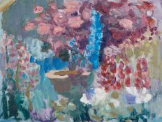 LYNNE CARTLIDGE oil on board - 'Summer Garden', 49 x 59cmsComments: superb white wooden frame