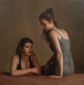 HARRY HOLLAND oil on canvas - 'Conversation', 61 x 61cmsComments: superbly framed in bronze wooden