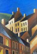 HUW BRYS oil on canvas - terraced buildings entitled verso 'High Street', signed, 35 x