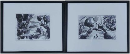 KARL DAVIES ink and wash on paper, a pair - 'Man and Dog Two Men Walking', 27 x 32cmsComments: