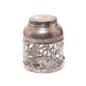 Deckelgefäß. Mexiko | Silber, farbloses Glas.