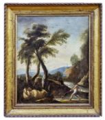Südliche Flusslandschaft mit Reusenfischer und Weidetieren, Italien, 17. Jh.