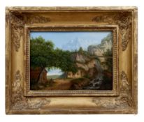 Hochgebirgslandschaft mit Bauernpaar in Andacht vor einer Kapelle