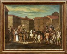 Straßenszene mit Gauklern, Bamboccist aus dem Kreis des Michelangelo Cerquozzi