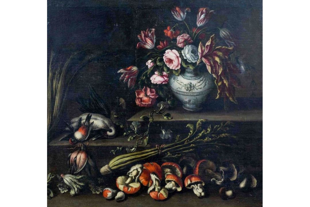 Rossi, Angelo Maria (Attrib.): Großes Stillleben mit Blumen, Wildbret und Gemüse - Bild 2 aus 2