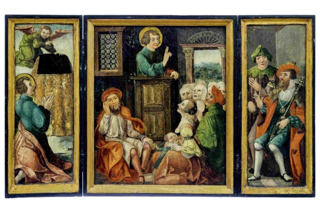 Kleiner Flügelaltar mit der Predigt des heiligen Stephanus in Jerusalem, Oberbayern, um 1530
