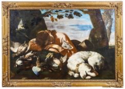 Keilhau, Bernhard, gen. Monsù Bernardo (Attrib.): Jagdstillleben mit ruhendem Jäger