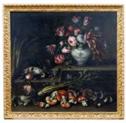 Rossi, Angelo Maria (Attrib.): Großes Stillleben mit Blumen, Wildbret und Gemüse