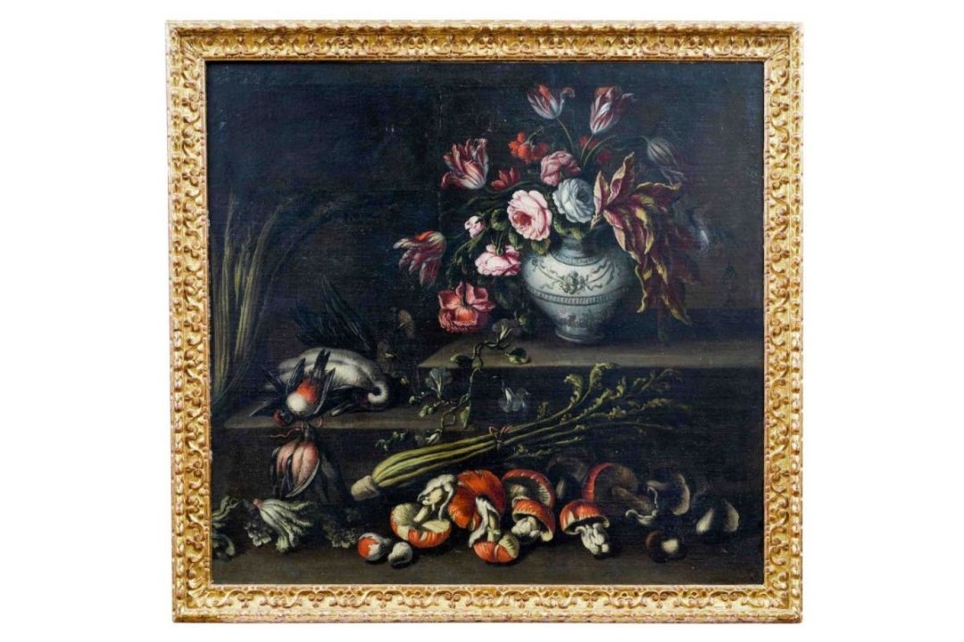 Rossi, Angelo Maria (Attrib.): Großes Stillleben mit Blumen, Wildbret und Gemüse - Bild 1 aus 2